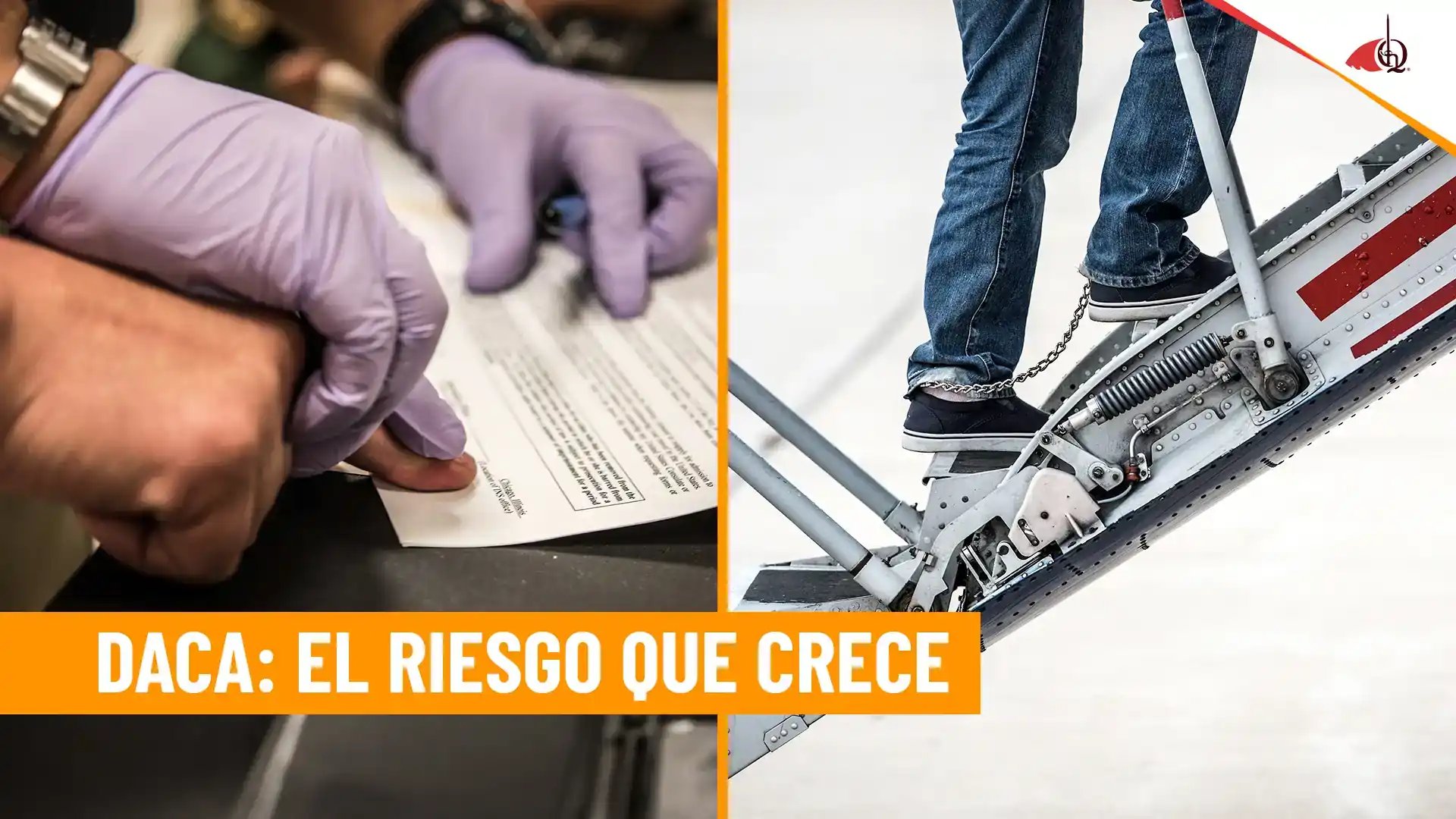 Persona siendo procesada por autoridades migratorias y otra con grillete electrónico en el tobillo, representando el riesgo de deportación para beneficiarios de DACA.