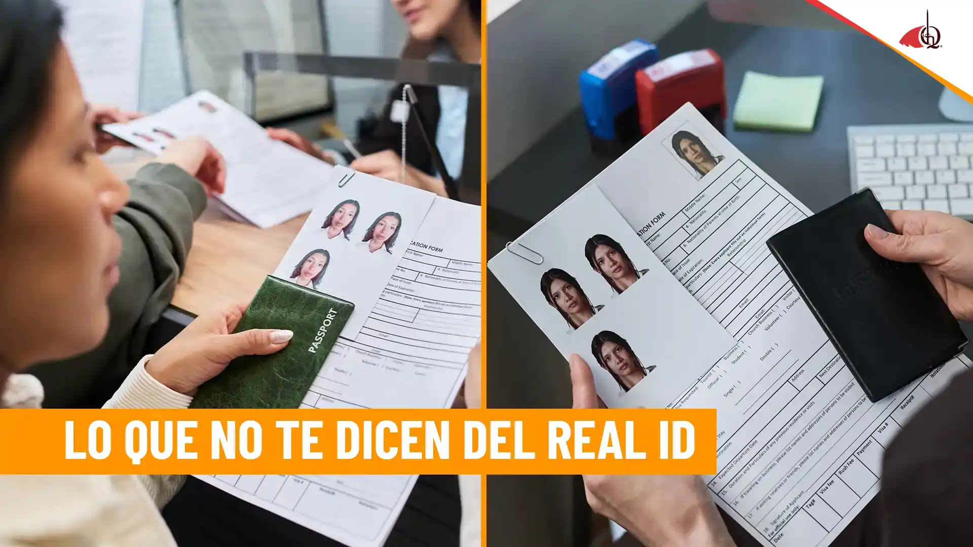 Persona entregando documentos migratorios, fotos tipo pasaporte y formulario para tramitar Real ID en Estados Unidos.
