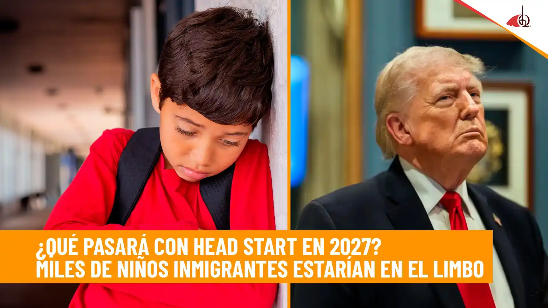 Niño inmigrante preocupado y Donald Trump en contexto de posibles cambios en el programa Head Start en EE. UU.