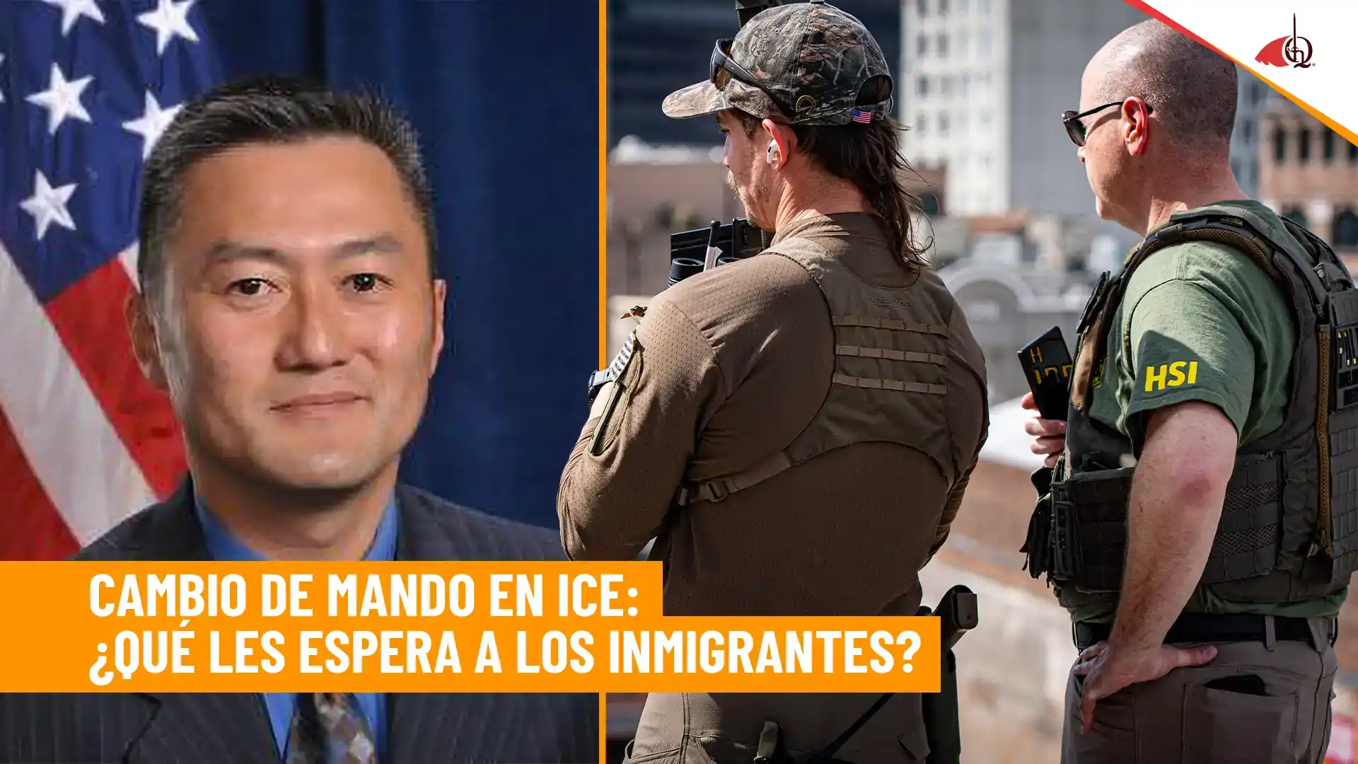 Imagen sobre cambio de liderazgo en ICE con retrato de un funcionario y agentes de inmigración en Estados Unidos.