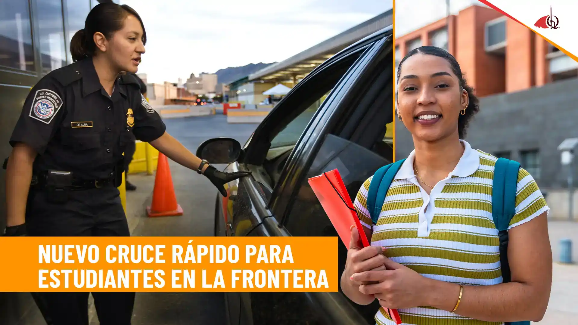 Estudiante sonriente con documentos en la frontera