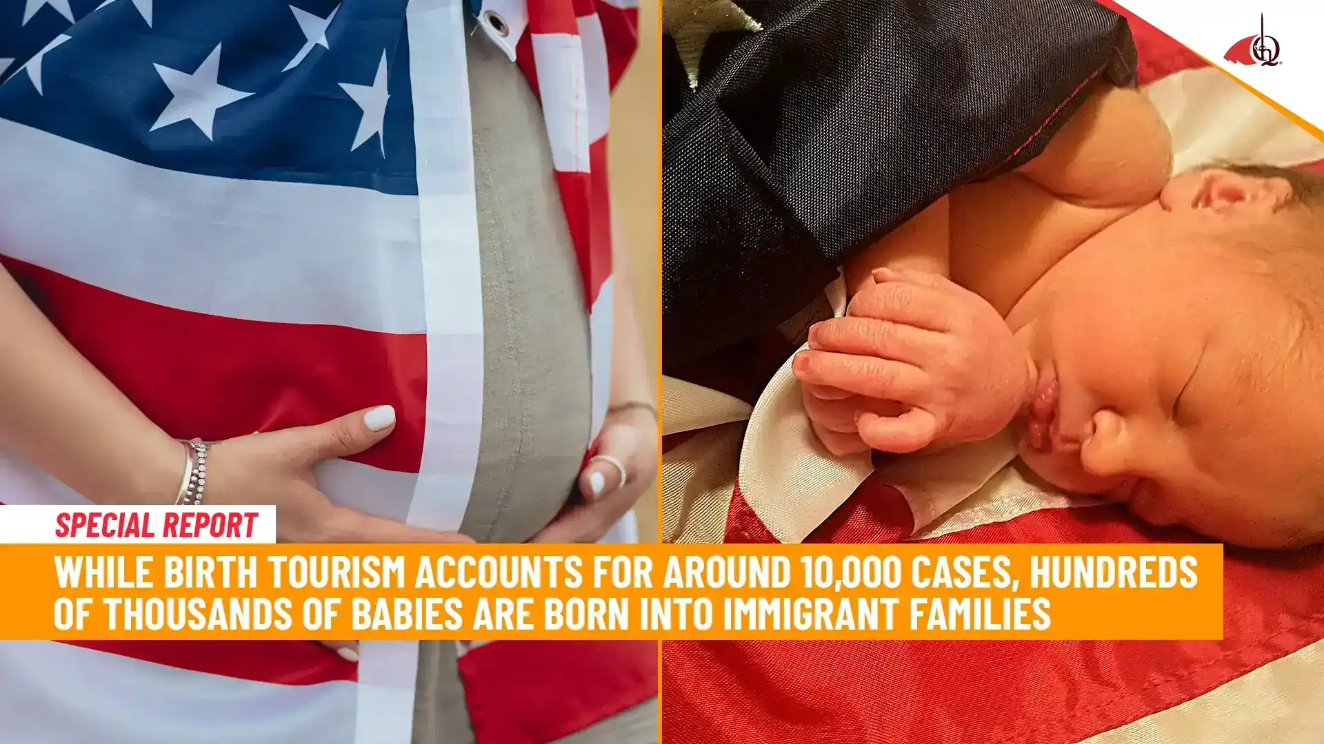 Pregnant woman with American flag and newborn baby