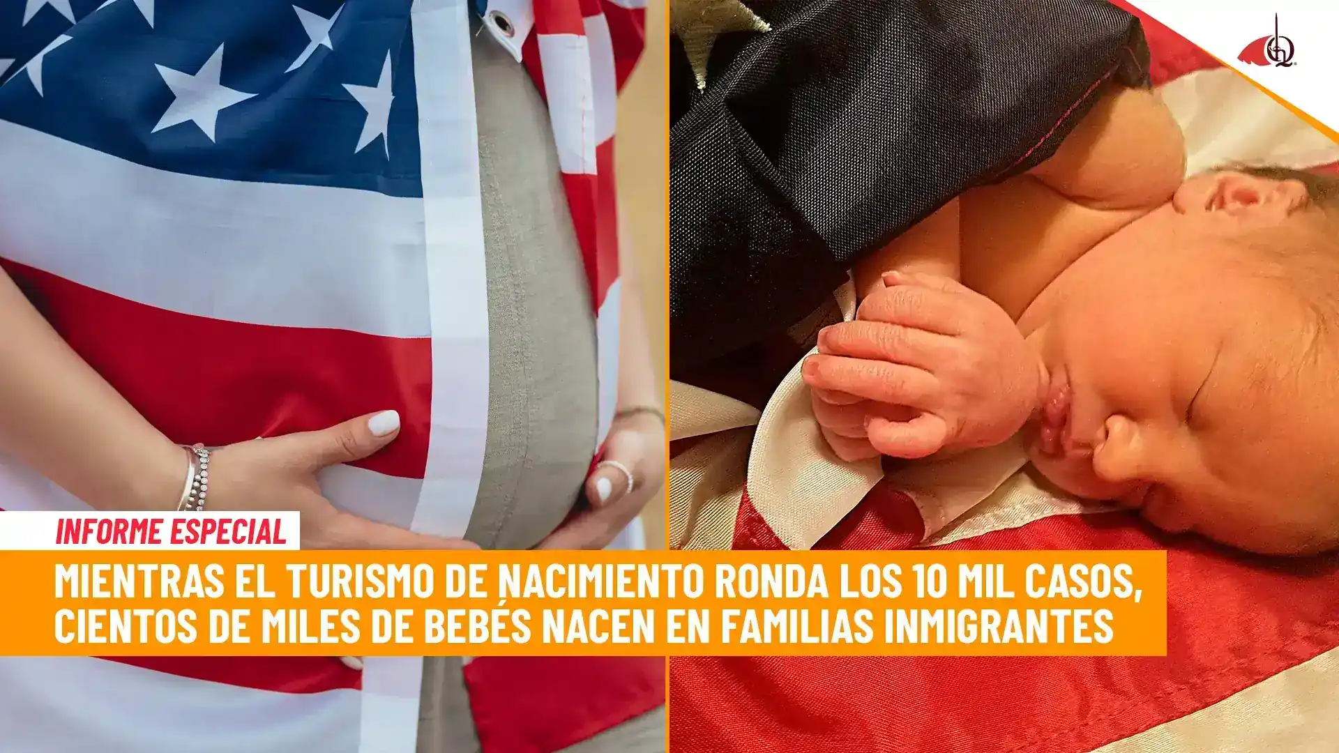 Mujer embarazada con bandera estadounidense y bebé recién nacido
