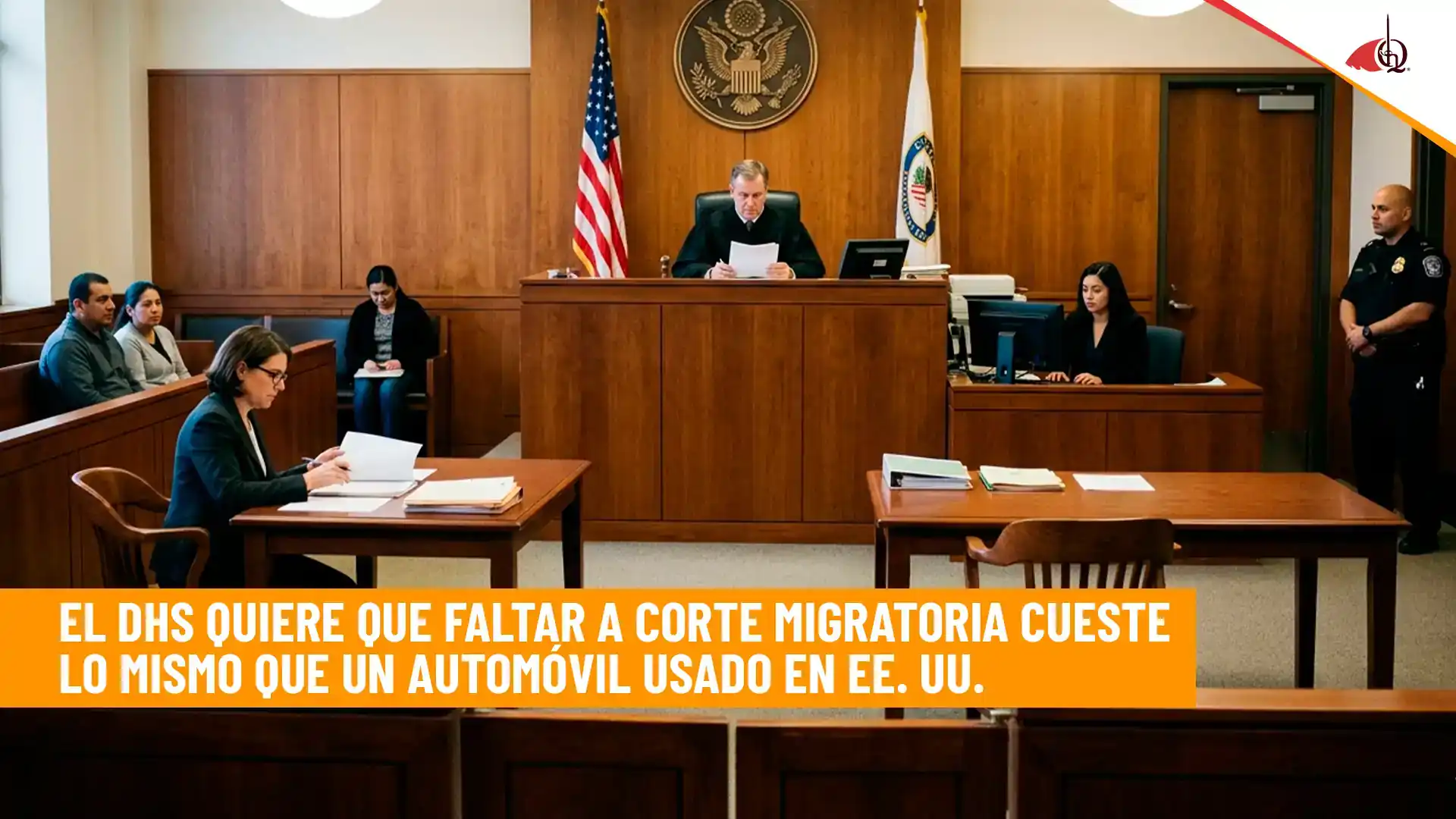 Audiencia en corte migratoria con juez y abogados