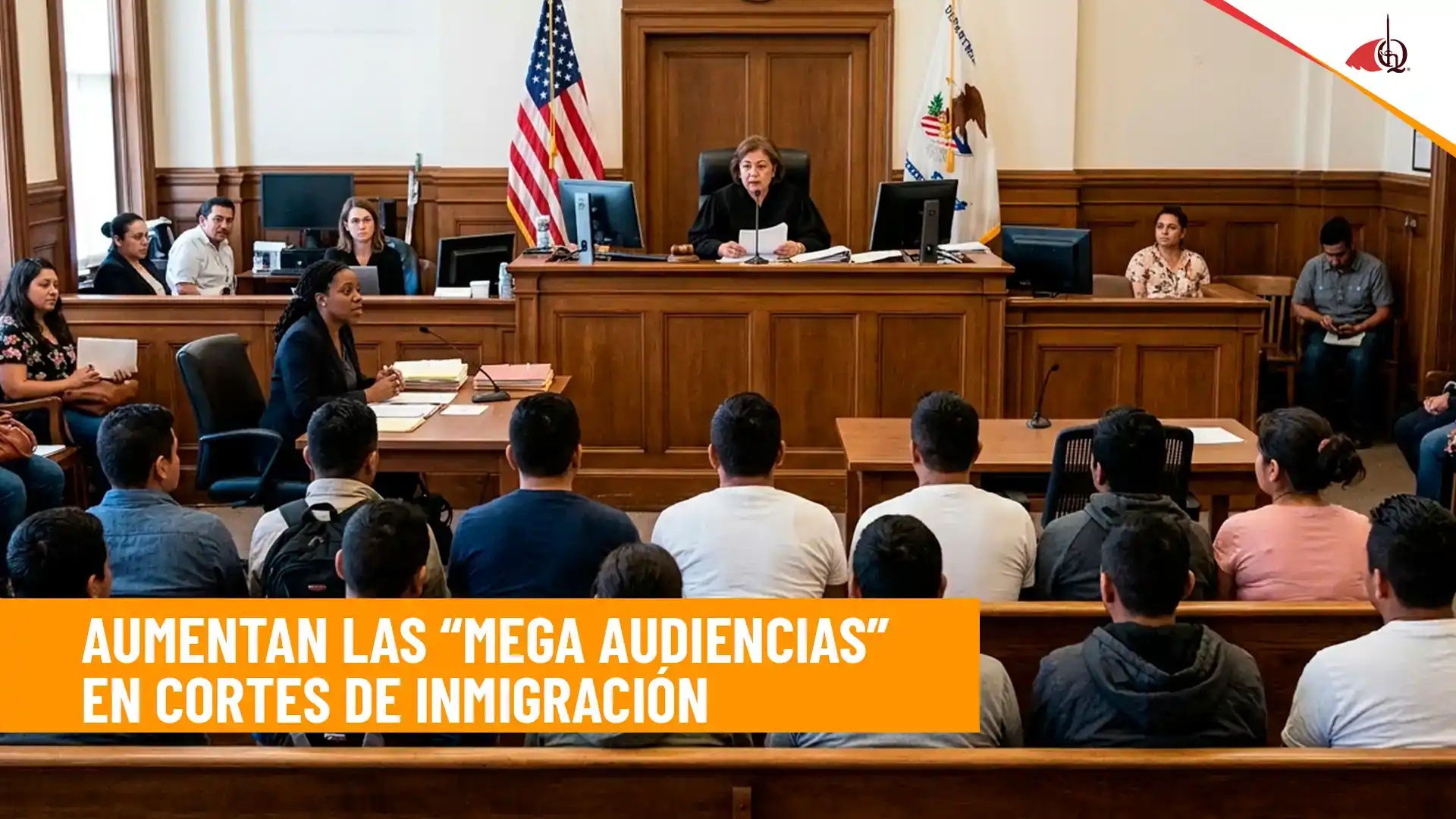 Audiencia en corte de inmigración con jueza y asistentes