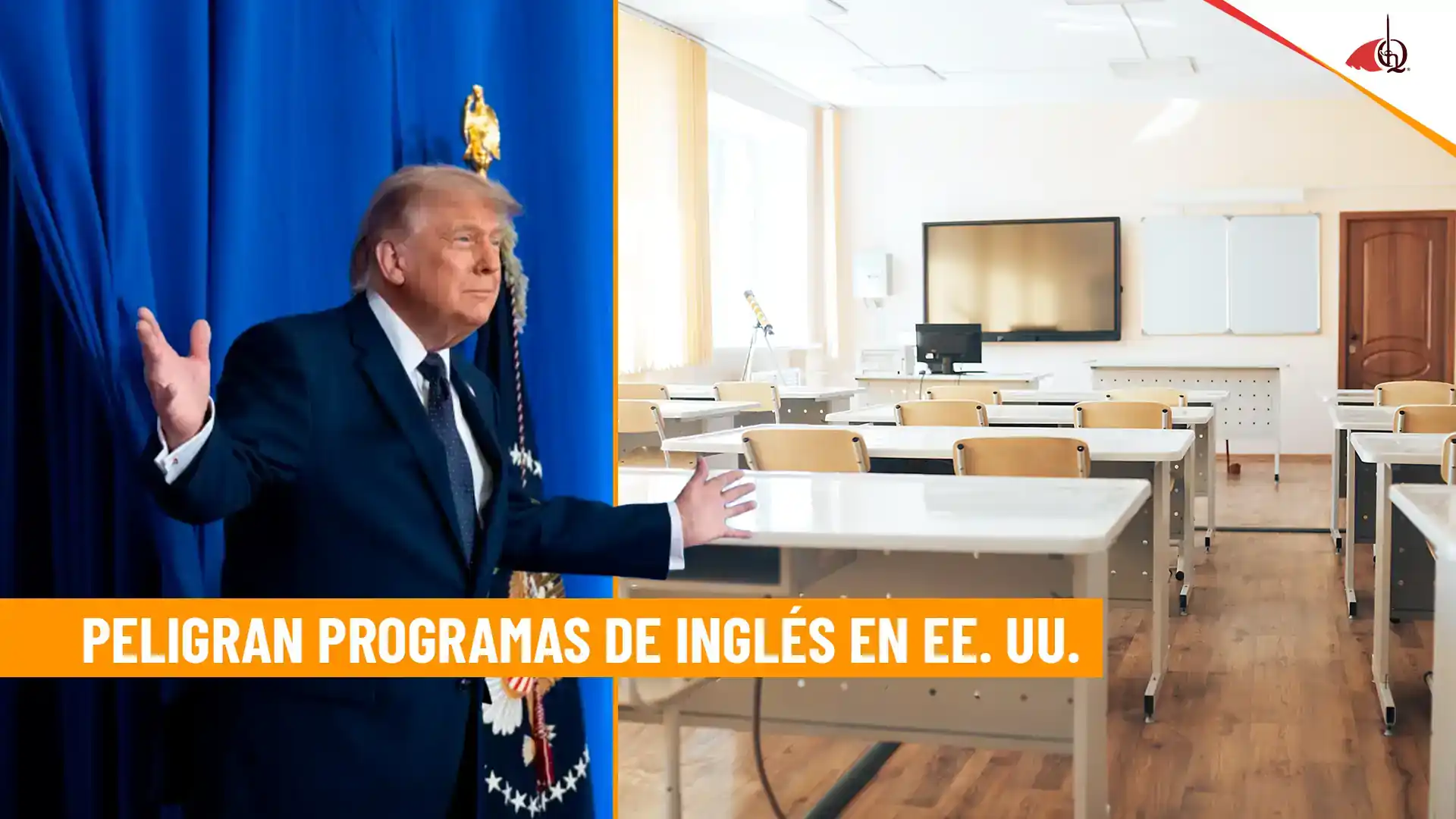 Hombre en traje frente a un aula vacía con mensaje sobre programas de inglés.