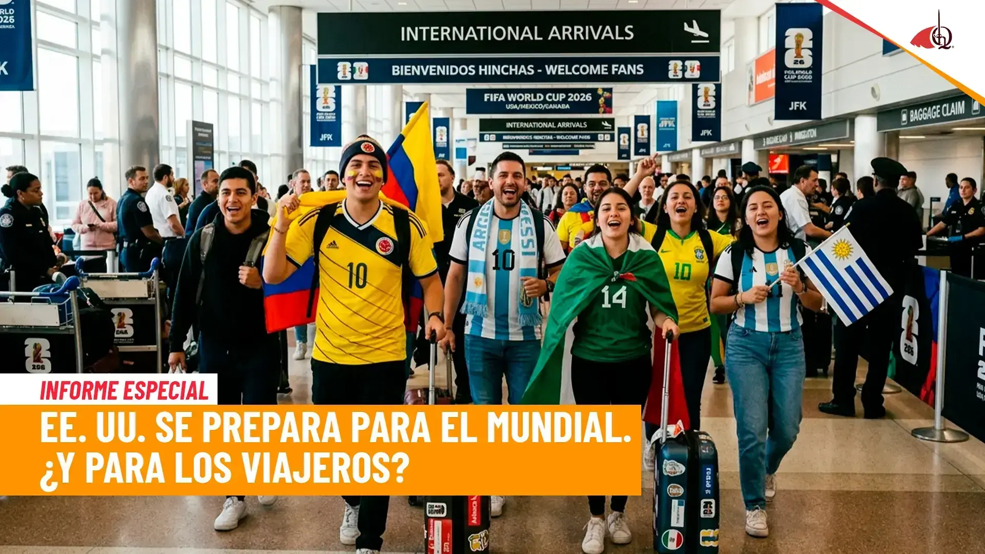 Viajeros celebrando en el aeropuerto para el Mundial 2026