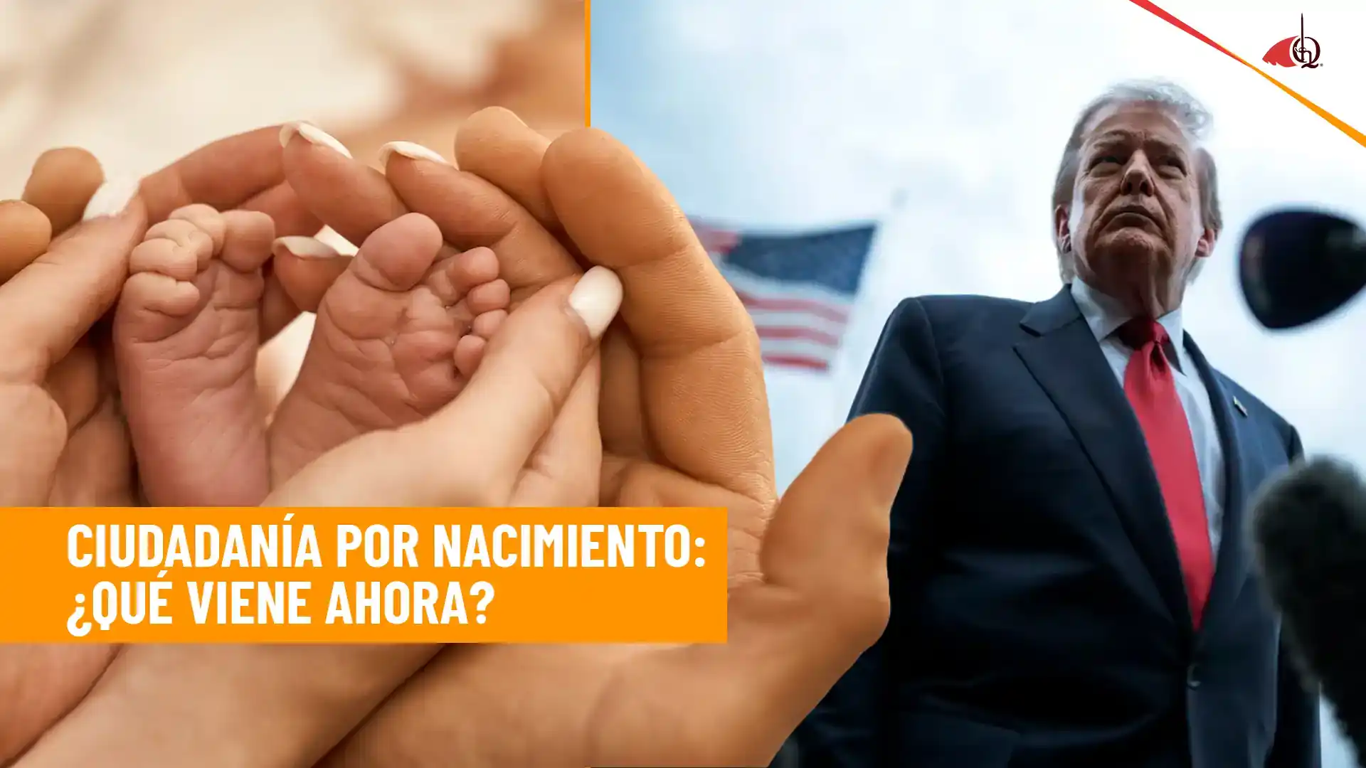 Manos sosteniendo pies de un bebé junto a un político