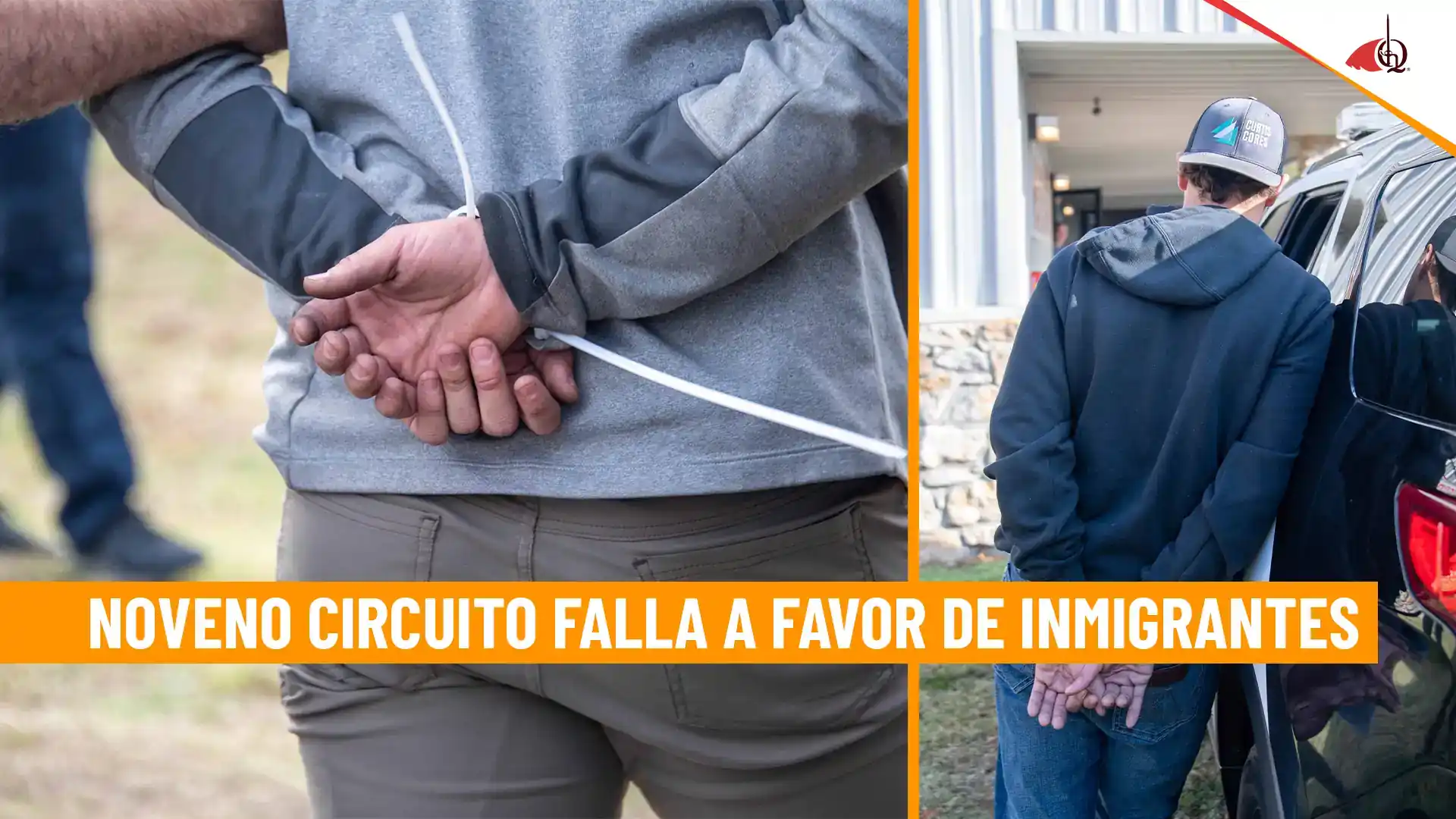 Inmigrante detenido con las manos esposadas junto a un vehículo policial