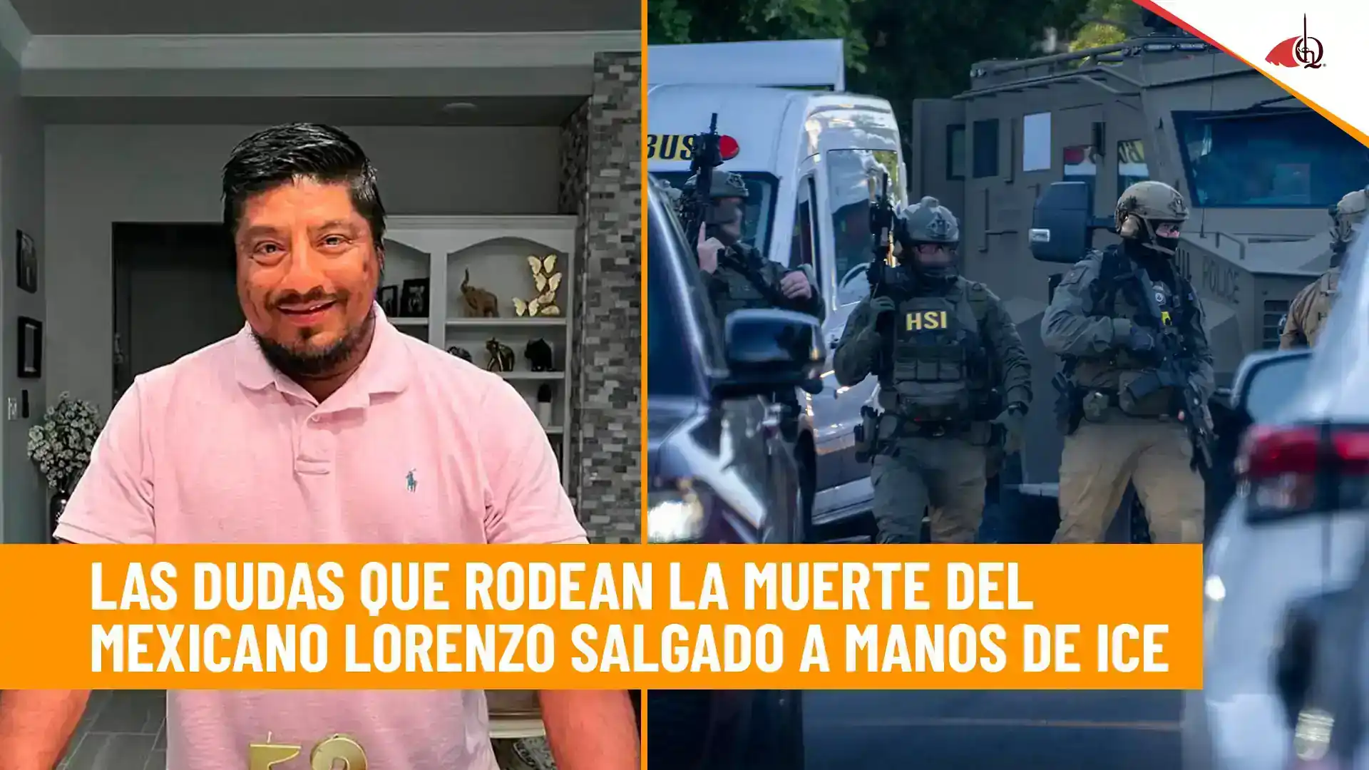 Imagen dividida: hombre en casa y agentes armados junto a vehículos oficiales