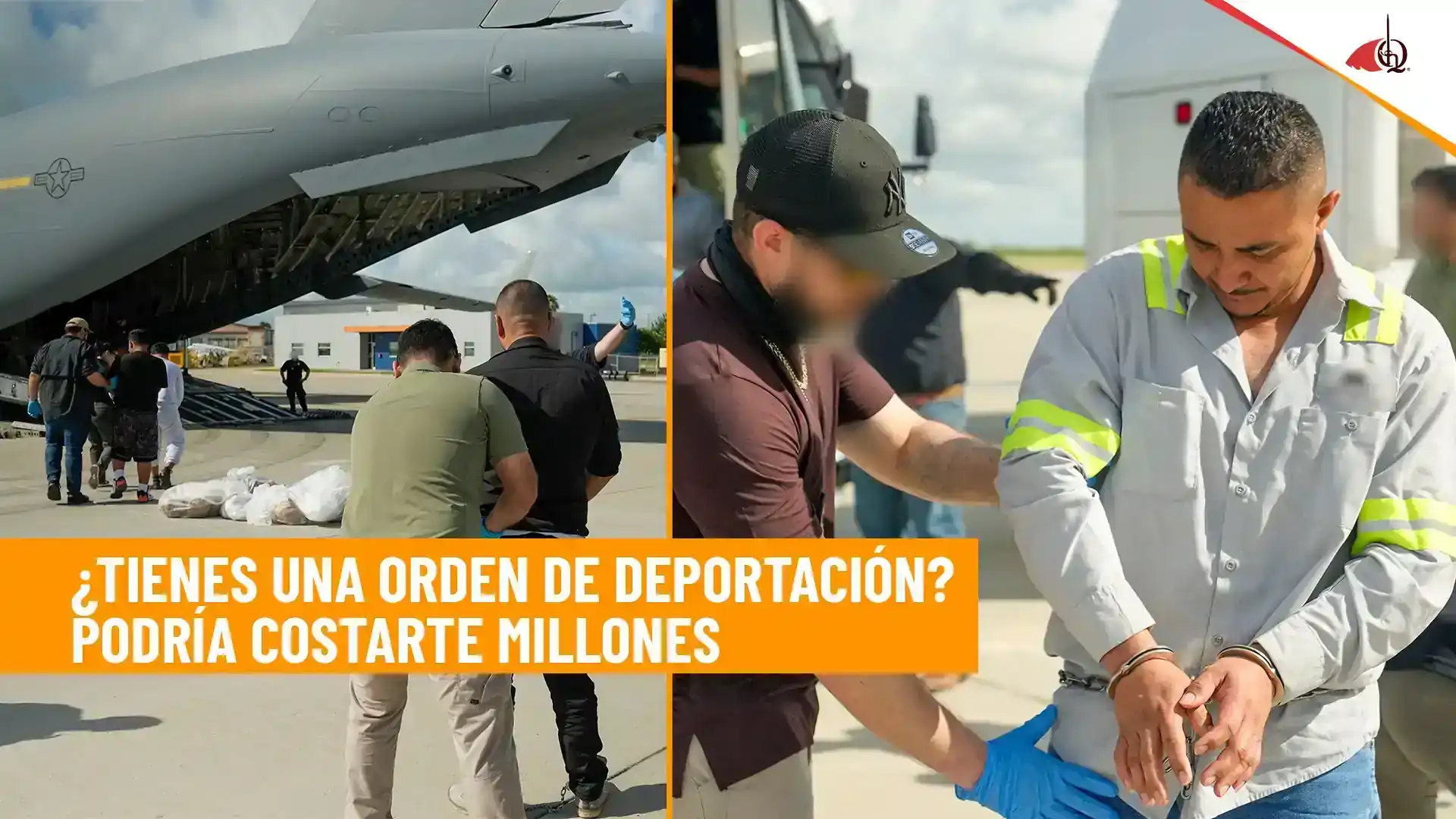 Man being escorted near an aircraft with Spanish text about deportation orders and high costs