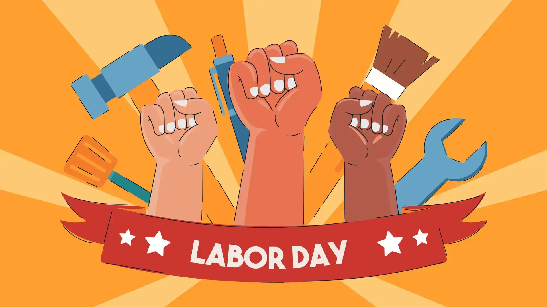 Ilustración de Labor Day con puños en alto y herramientas sobre fondo naranja