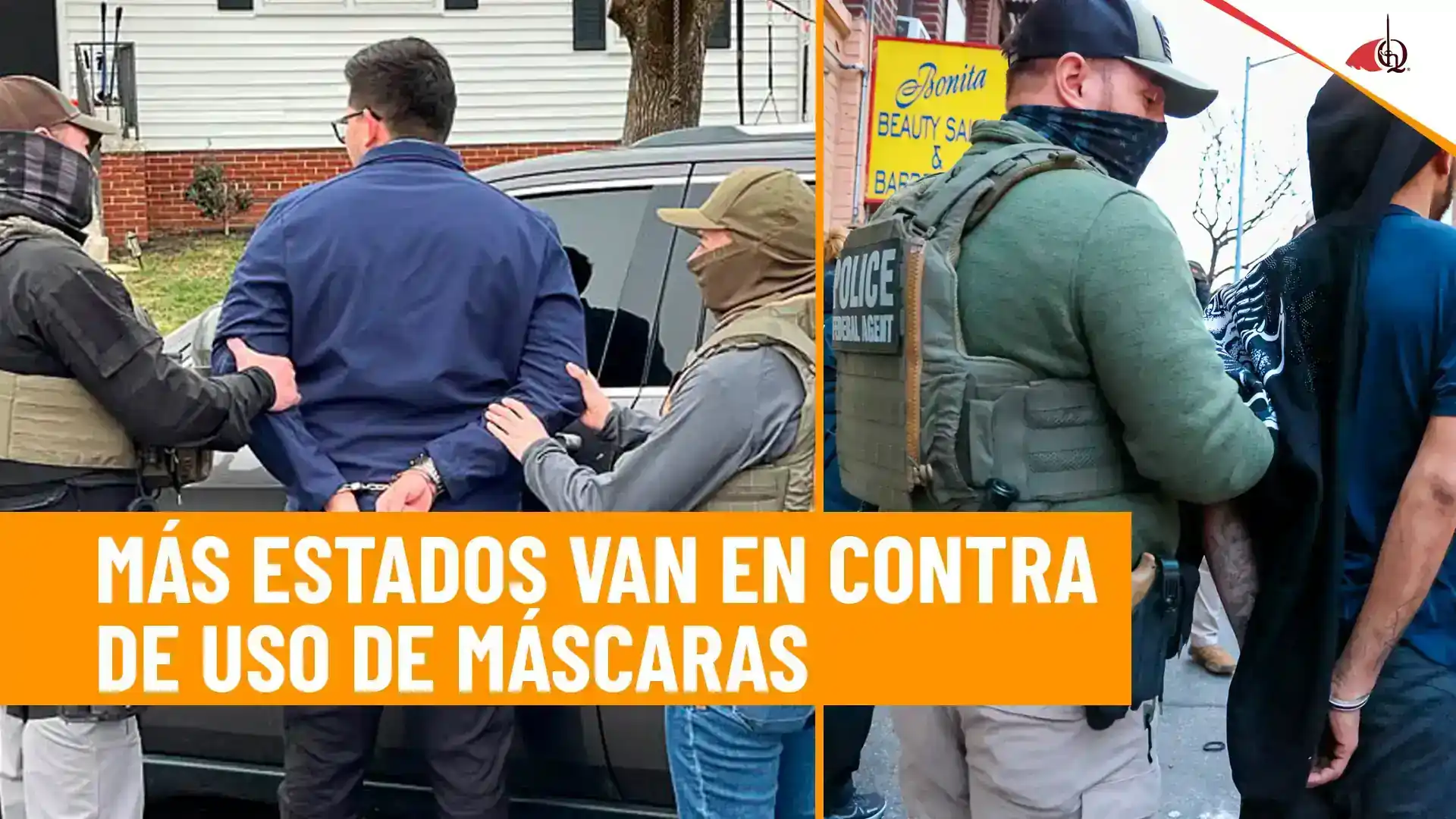 Agentes detienen a varias personas mientras un titular informa sobre estados contra el uso de mascarillas