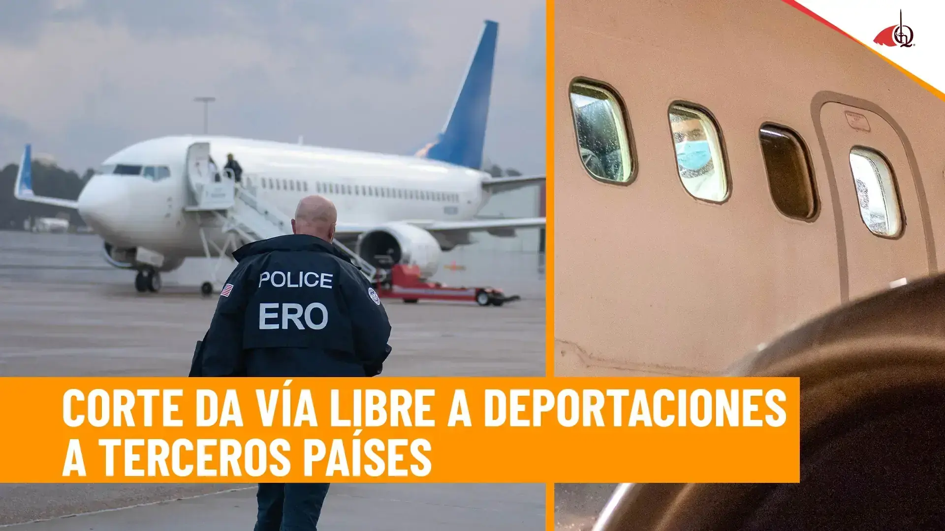 Agente policial frente a un avión y pasajeros en deportación a terceros países