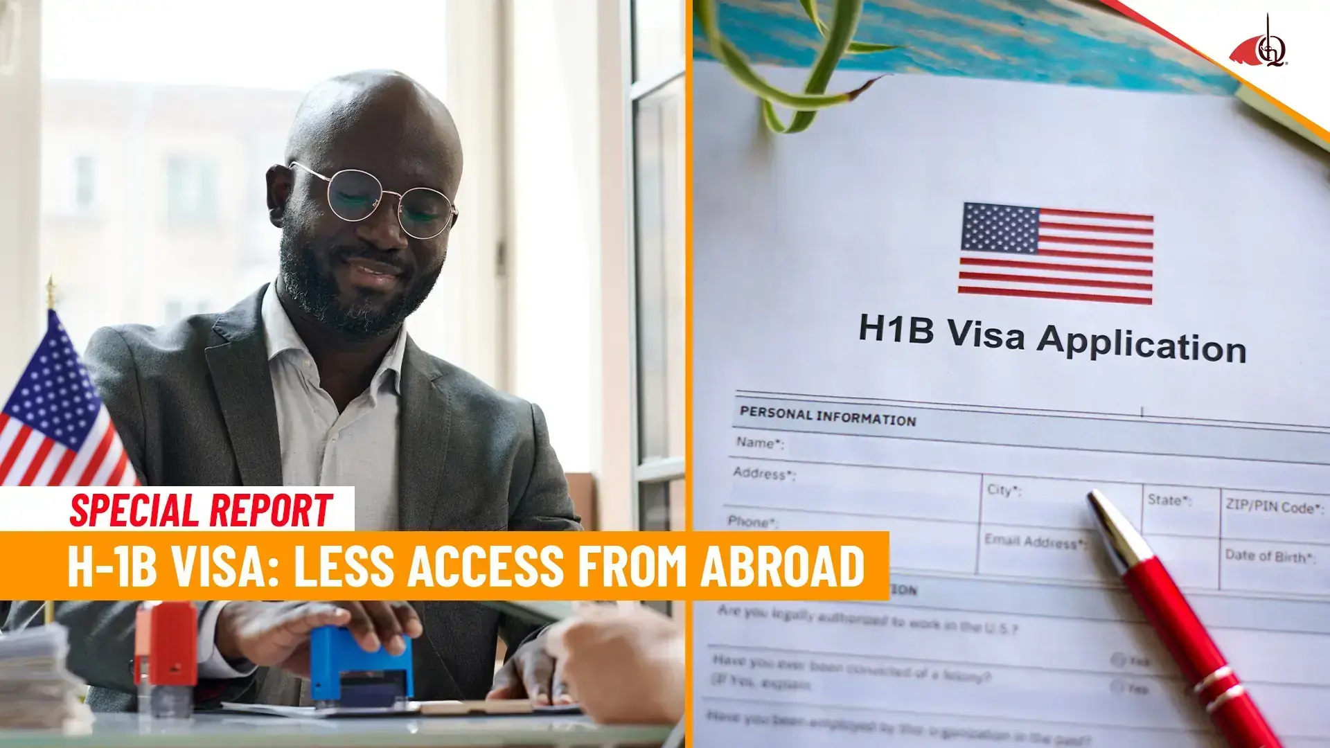 Attorney reviewing an H-1B visa application form with a U.S. flag and office desk