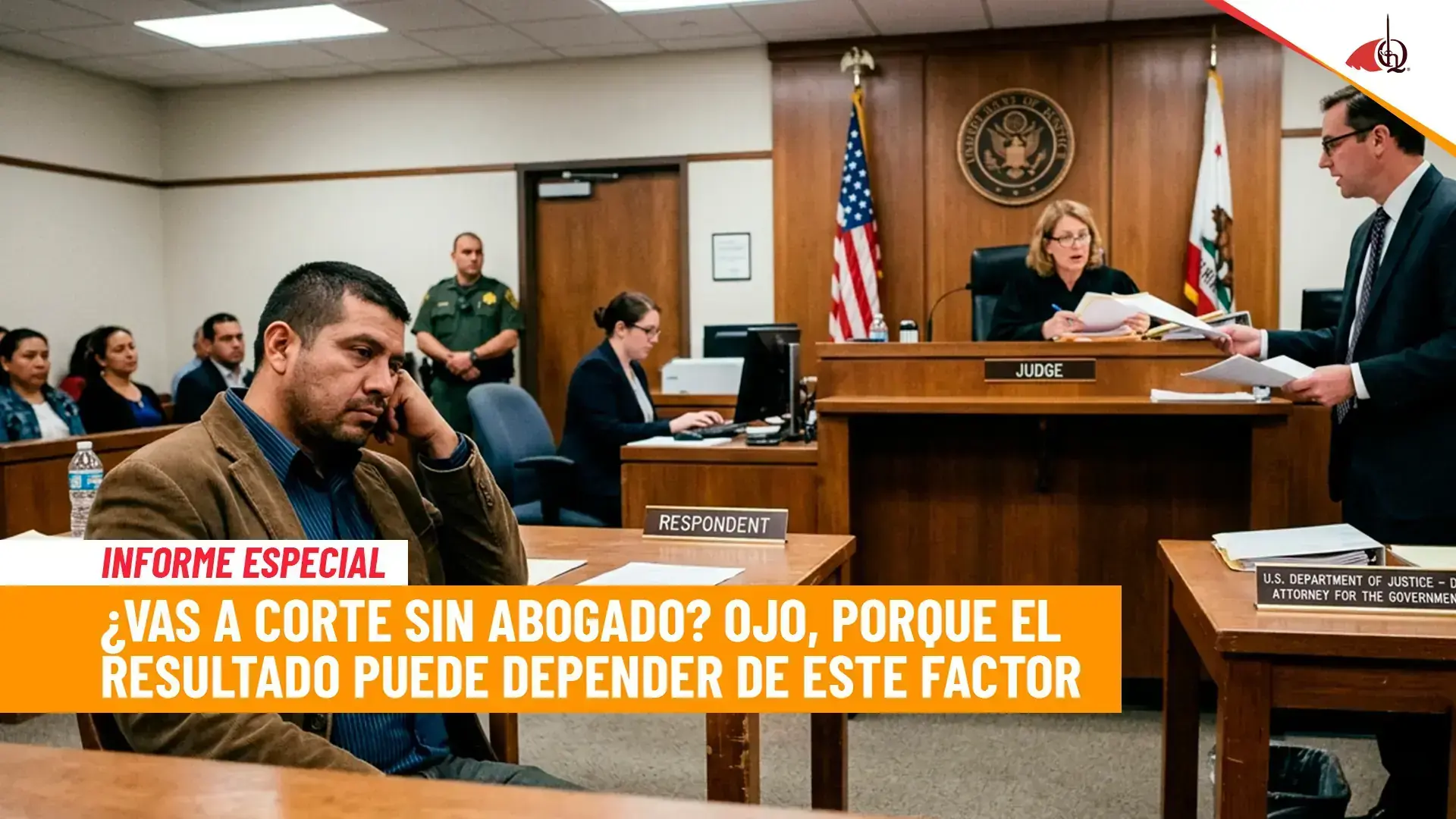 Audiencia judicial con juez, fiscal y acusado sin abogado en la sala