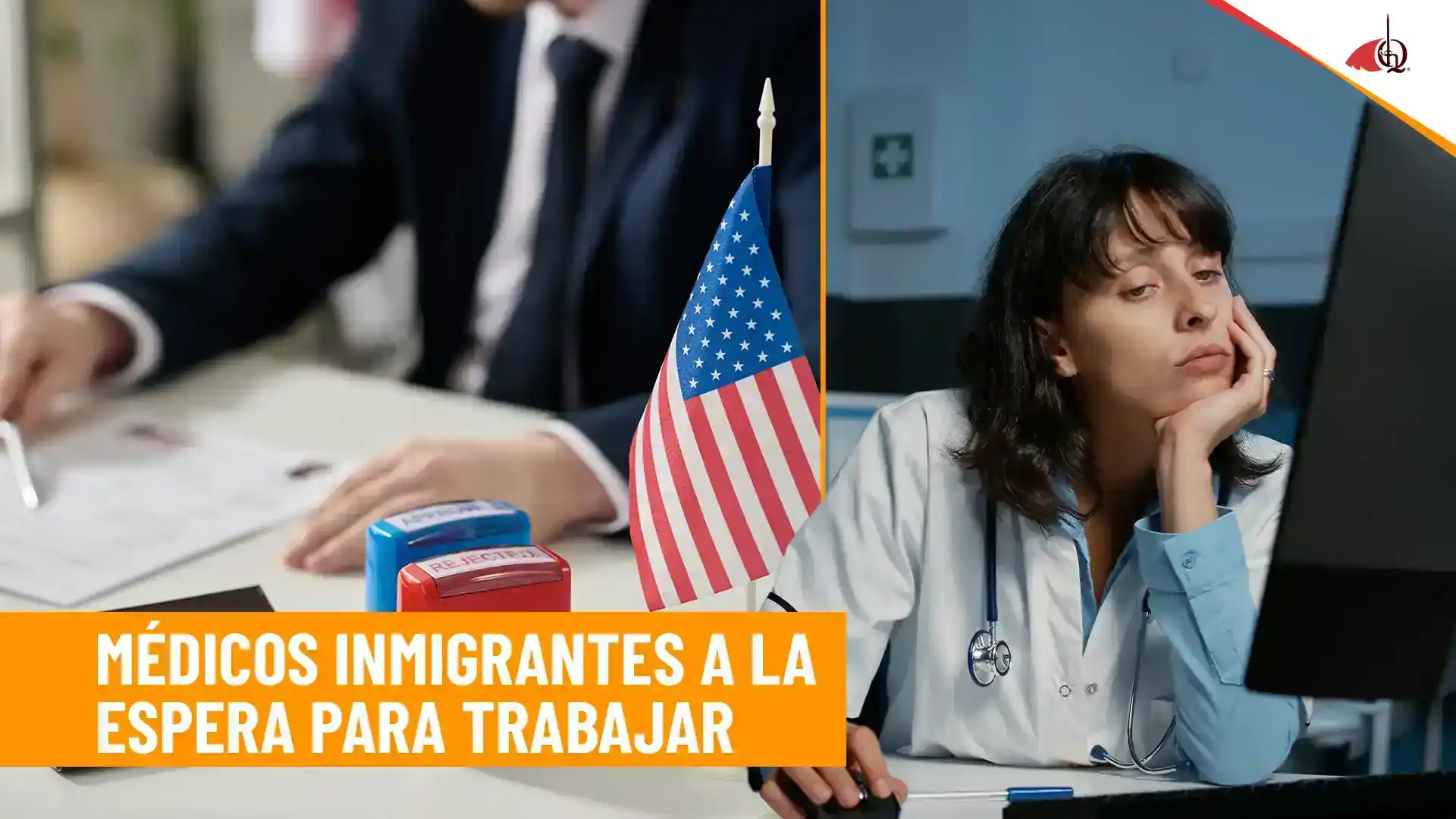 Médica inmigrante esperando para trabajar en Estados Unidos junto a una bandera estadounidense