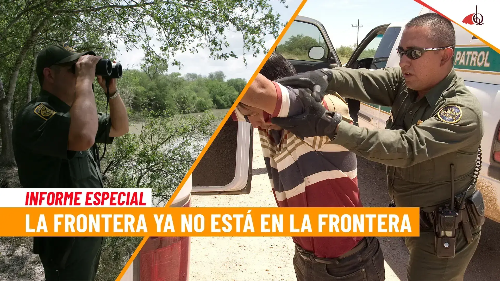 Agente de patrulla fronteriza detiene a un hombre junto a un vehículo en la frontera