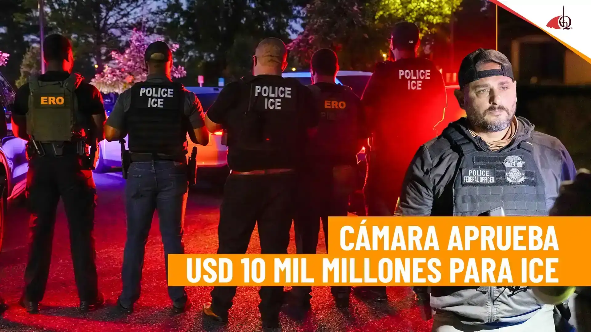 Agentes de policía con chalecos de ICE en una escena nocturna.