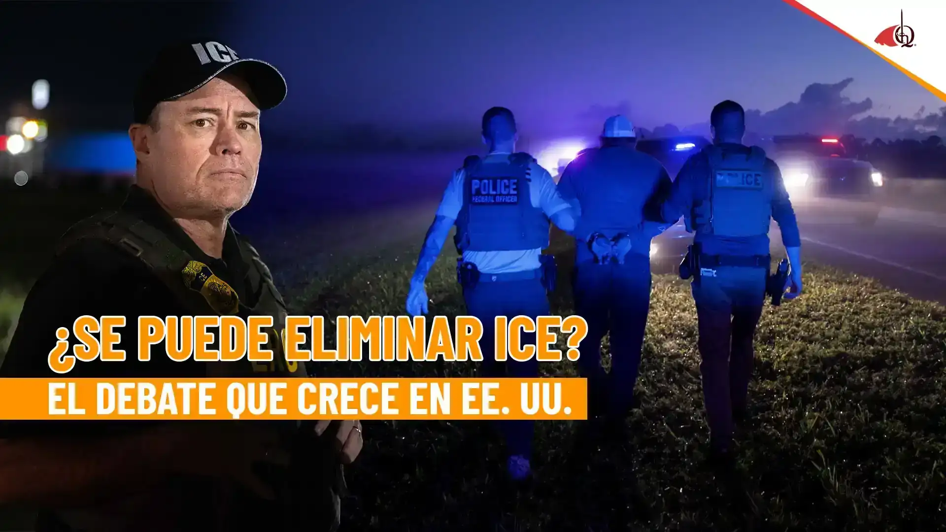 Oficial de ICE y otros policías en acción durante la noche.